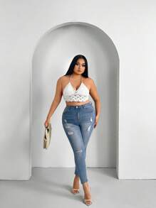 SHEIN SXY Plus Tie Backless Halter Knit Top - White - View 5