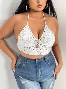 SHEIN SXY Plus Tie Backless Halter Knit Top - White - View 6