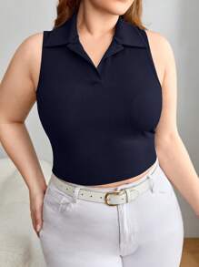 SHEIN Essnce 休閒羅紋針織 前紐扣純色大尺碼背心 - 藏蓝色 - 查看 3