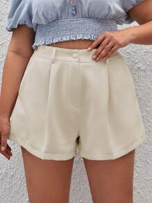 SHEIN Privé Hơn Chi tiết nếp Quần short chân rộng - Màu be - Xem 1