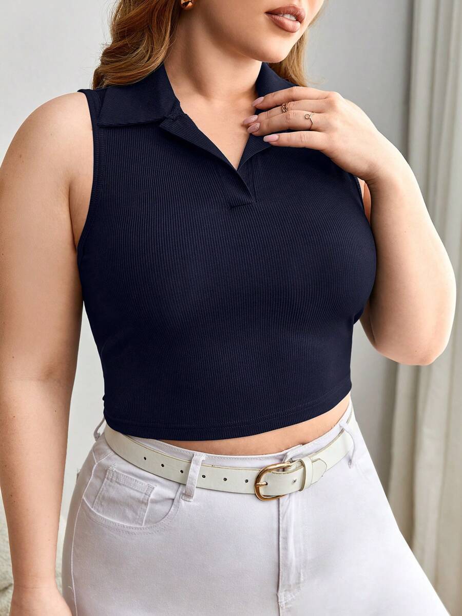 SHEIN Essnce 休閒羅紋針織 前紐扣純色大尺碼背心 - 藏蓝色 - 查看 1