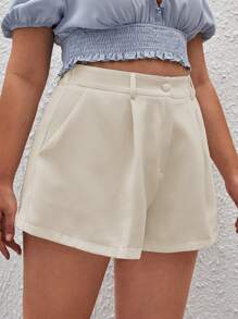 SHEIN Privé Hơn Chi tiết nếp Quần short chân rộng - Màu be - Xem 3