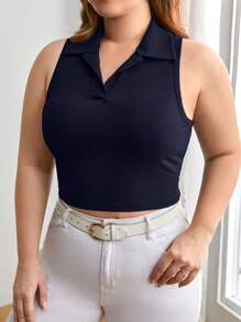 SHEIN Essnce 休閒羅紋針織 前紐扣純色大尺碼背心 - 藏蓝色 - 查看 4