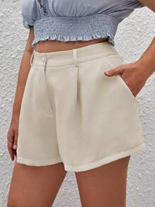 SHEIN Privé Hơn Chi tiết nếp Quần short chân rộng - Màu be - Xem 4