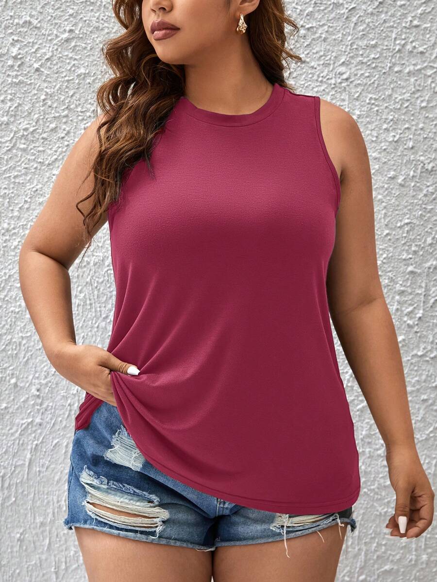 SHEIN LUNE Plus Solid Tank Top - Hot Pink - View 1