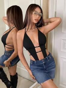 SHEIN ICON 镂空系带露背挂脖式黑色紧身衣 - 黑色 - 查看 5