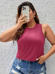 SHEIN LUNE Plus Solid Tank Top - Hot Pink - View 3