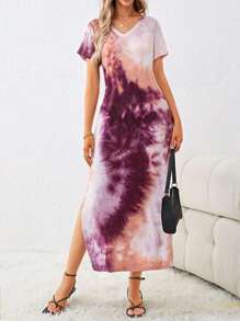 SHEIN LUNE Tie Dye Split Thigh Tee Dress - Purple - View 1