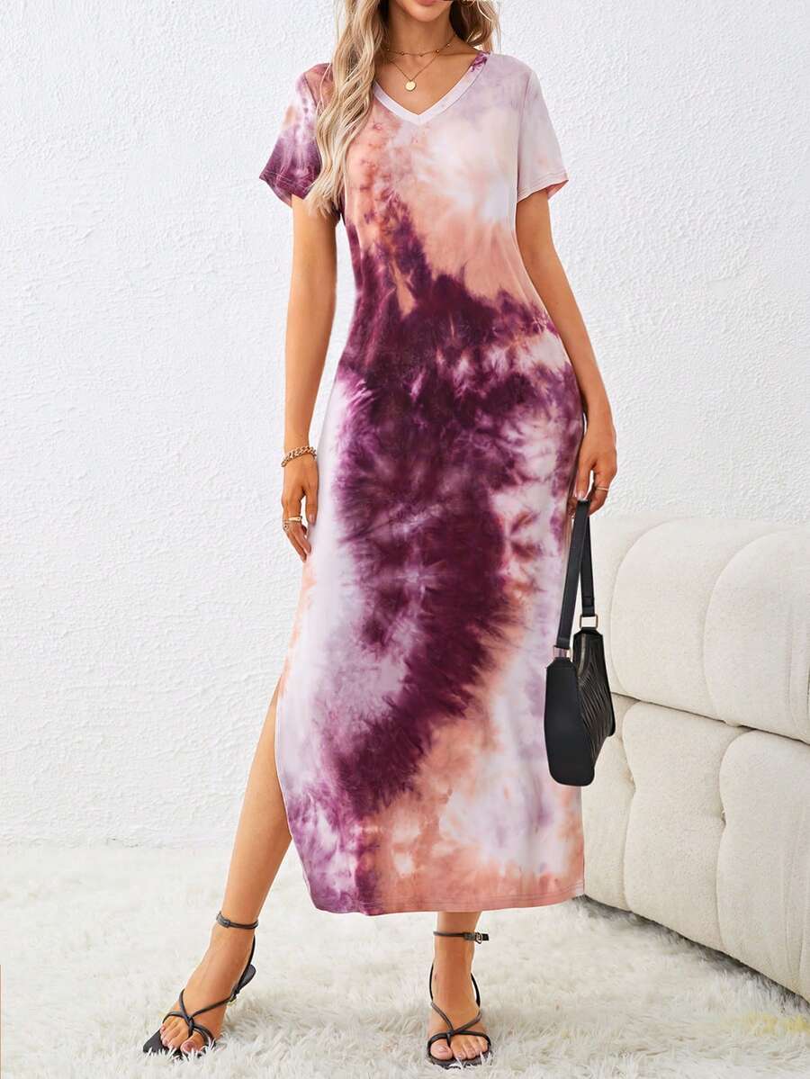 SHEIN LUNE Tie Dye Split Thigh Tee Dress - Purple - View 1