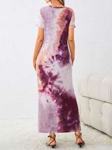SHEIN LUNE Tie Dye Split Thigh Tee Dress - Purple - View 2