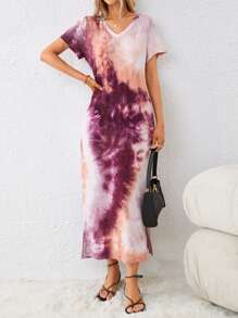 SHEIN LUNE Tie Dye Split Thigh Tee Dress - Purple - View 3