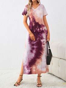 SHEIN LUNE Tie Dye Split Thigh Tee Dress - Purple - View 4