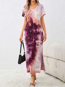 SHEIN LUNE Tie Dye Split Thigh Tee Dress - Purple - View 5