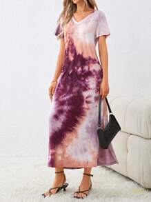 SHEIN LUNE Tie Dye Split Thigh Tee Dress - Purple - View 6