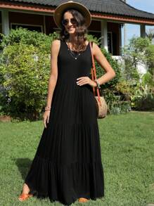 SHEIN LUNE Solid Ruffle Hem Smock Dress