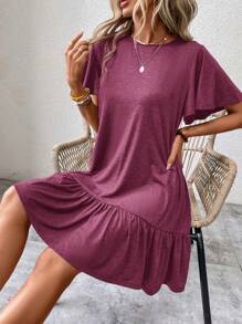 SHEIN LUNE Butterfly Sleeve Ruffle Hem Smock Dress - Red Violet - View 1