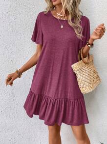 SHEIN LUNE Butterfly Sleeve Ruffle Hem Smock Dress - Red Violet - View 3