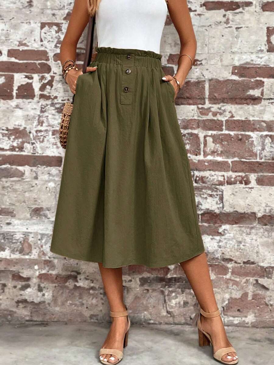 SHEIN LUNE Women's Solid Color Ruffle Hem Button Pocket Casual Skirt,Casual - Army Green - View 1