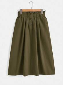 SHEIN LUNE Women's Solid Color Ruffle Hem Button Pocket Casual Skirt,Casual - Army Green - View 2