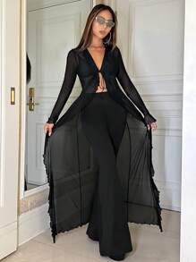 SHEIN ICON 素色木耳邊網紗上衣不附胸罩 - 黑色 - 查看 1