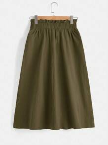 SHEIN LUNE Women's Solid Color Ruffle Hem Button Pocket Casual Skirt,Casual - Army Green - View 3