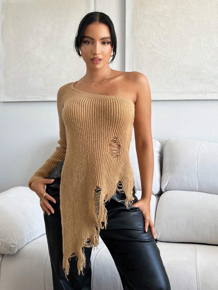 SHEIN SXY One Shoulder Ripped Asymmetrical Hem Sweater - Camel - View 1