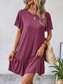 SHEIN LUNE Butterfly Sleeve Ruffle Hem Smock Dress - Red Violet - View 5
