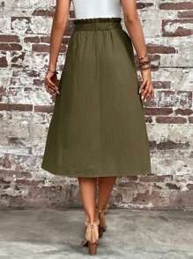 SHEIN LUNE Women's Solid Color Ruffle Hem Button Pocket Casual Skirt,Casual - Army Green - View 4