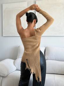 SHEIN SXY One Shoulder Ripped Asymmetrical Hem Sweater - Camel - View 2