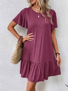 SHEIN LUNE Butterfly Sleeve Ruffle Hem Smock Dress - Red Violet - View 6