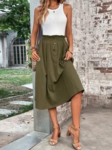 SHEIN LUNE Women's Solid Color Ruffle Hem Button Pocket Casual Skirt,Casual - Army Green - View 5