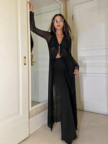 SHEIN ICON 素色木耳邊網紗上衣不附胸罩 - 黑色 - 查看 4