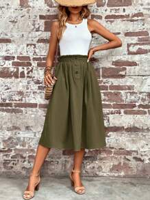 SHEIN LUNE Women's Solid Color Ruffle Hem Button Pocket Casual Skirt,Casual - Army Green - View 6