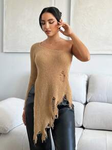 SHEIN SXY One Shoulder Ripped Asymmetrical Hem Sweater - Camel - View 4