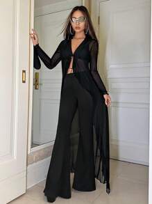 SHEIN ICON 素色木耳邊網紗上衣不附胸罩 - 黑色 - 查看 5