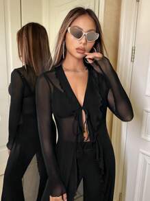 SHEIN ICON 素色木耳邊網紗上衣不附胸罩 - 黑色 - 查看 6