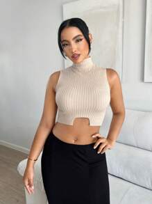 SHEIN SXY 高領不對稱下擺短款背心針織上衣 - 米色 - 查看 1