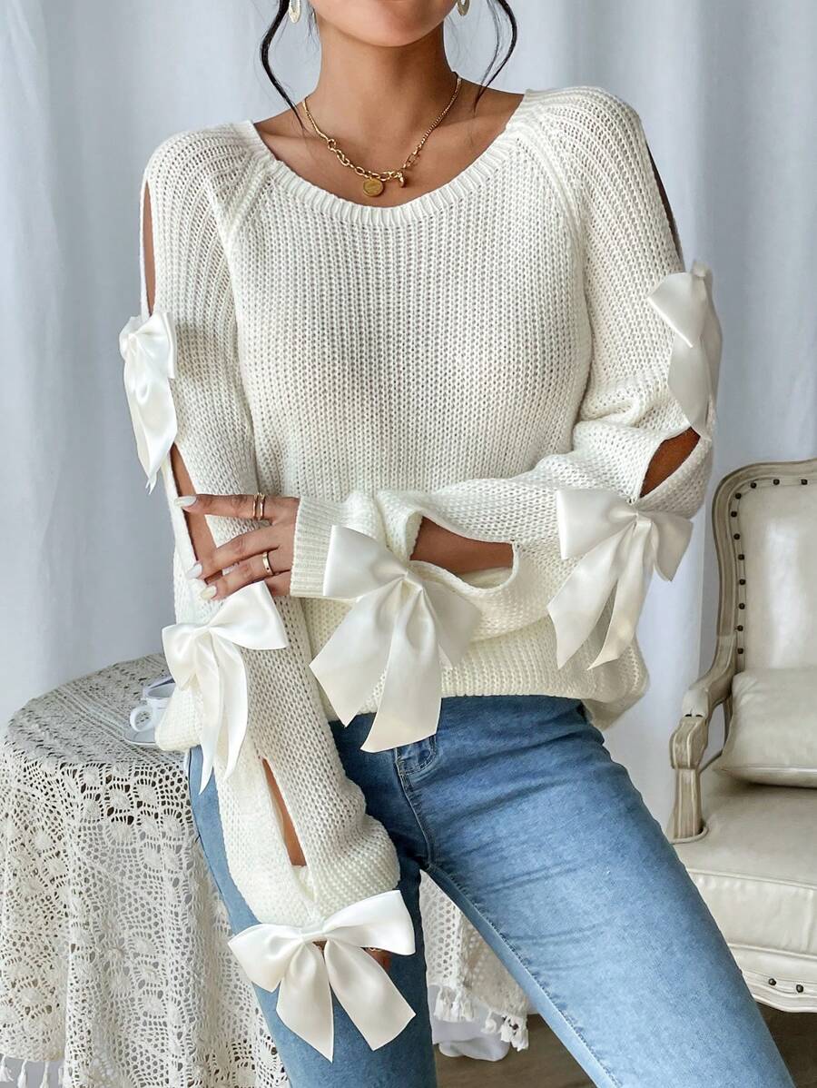 Firerie Áo len tay raglan cắt chi tiết nơ, áo dài tay - Màu be - Xem 1