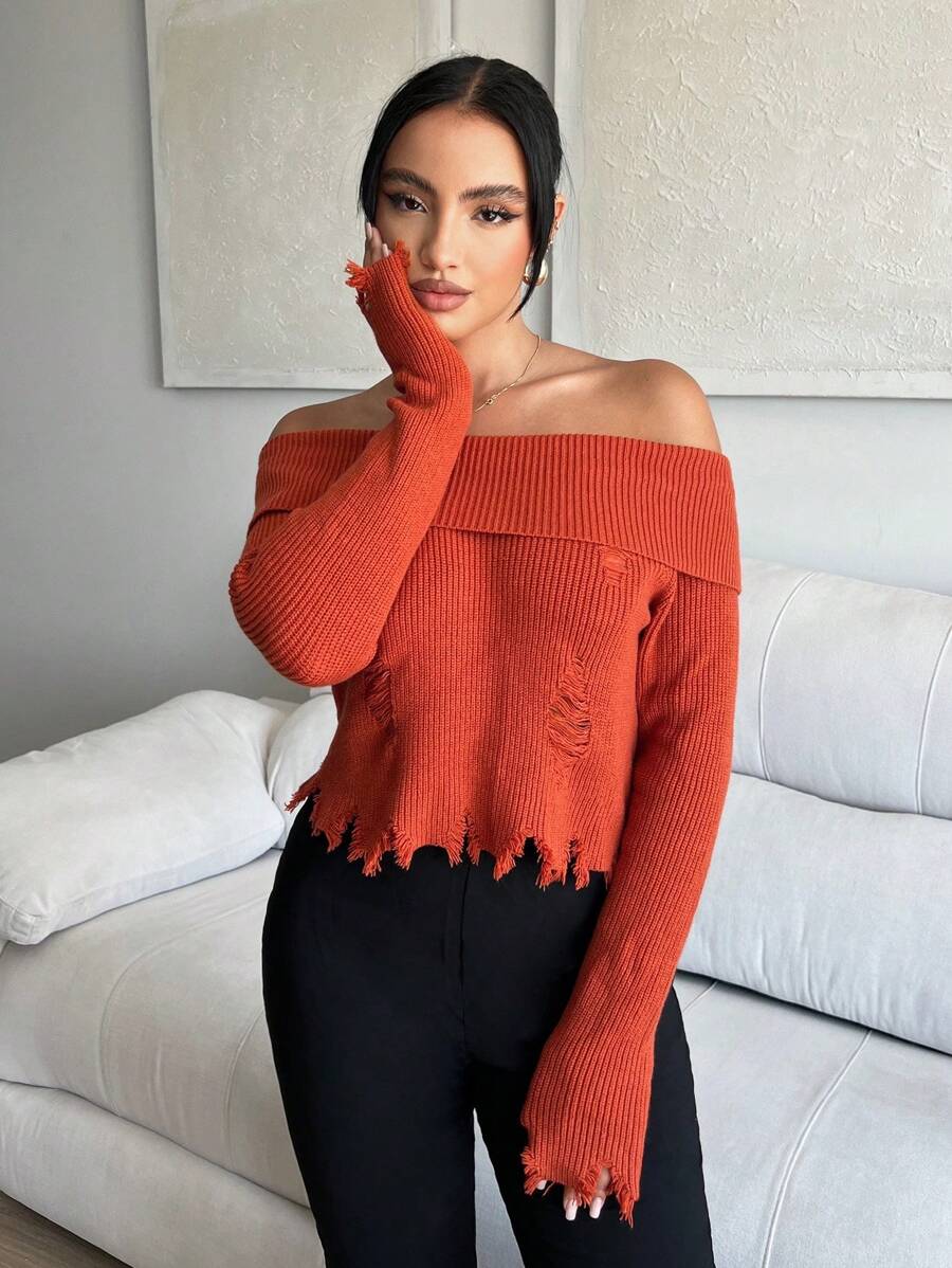 SHEIN SXY Off Shoulder Ripped Distressed Sweater - Orange - View 1