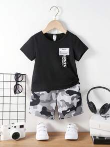SHEIN 男嬰字母圖案T恤&迷彩印花短褲 - 彩色 - 查看 1