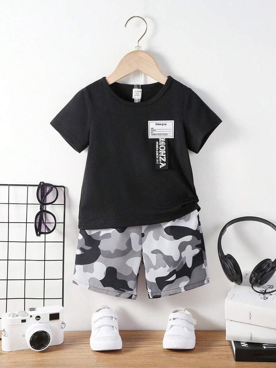SHEIN 男嬰字母圖案T恤&迷彩印花短褲 - 彩色 - 查看 1