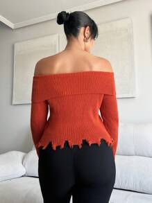 SHEIN SXY Off Shoulder Ripped Distressed Sweater - Orange - View 2