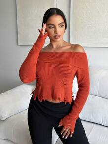 SHEIN SXY Off Shoulder Ripped Distressed Sweater - Orange - View 3