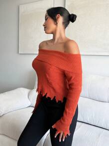 SHEIN SXY Off Shoulder Ripped Distressed Sweater - Orange - View 4