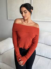 SHEIN SXY Off Shoulder Ripped Distressed Sweater - Orange - View 5