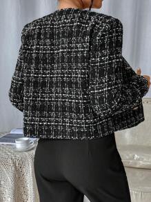 SHEIN Privé 1pc Plaid Pattern Double Breasted Tweed Overcoat - Black - View 2