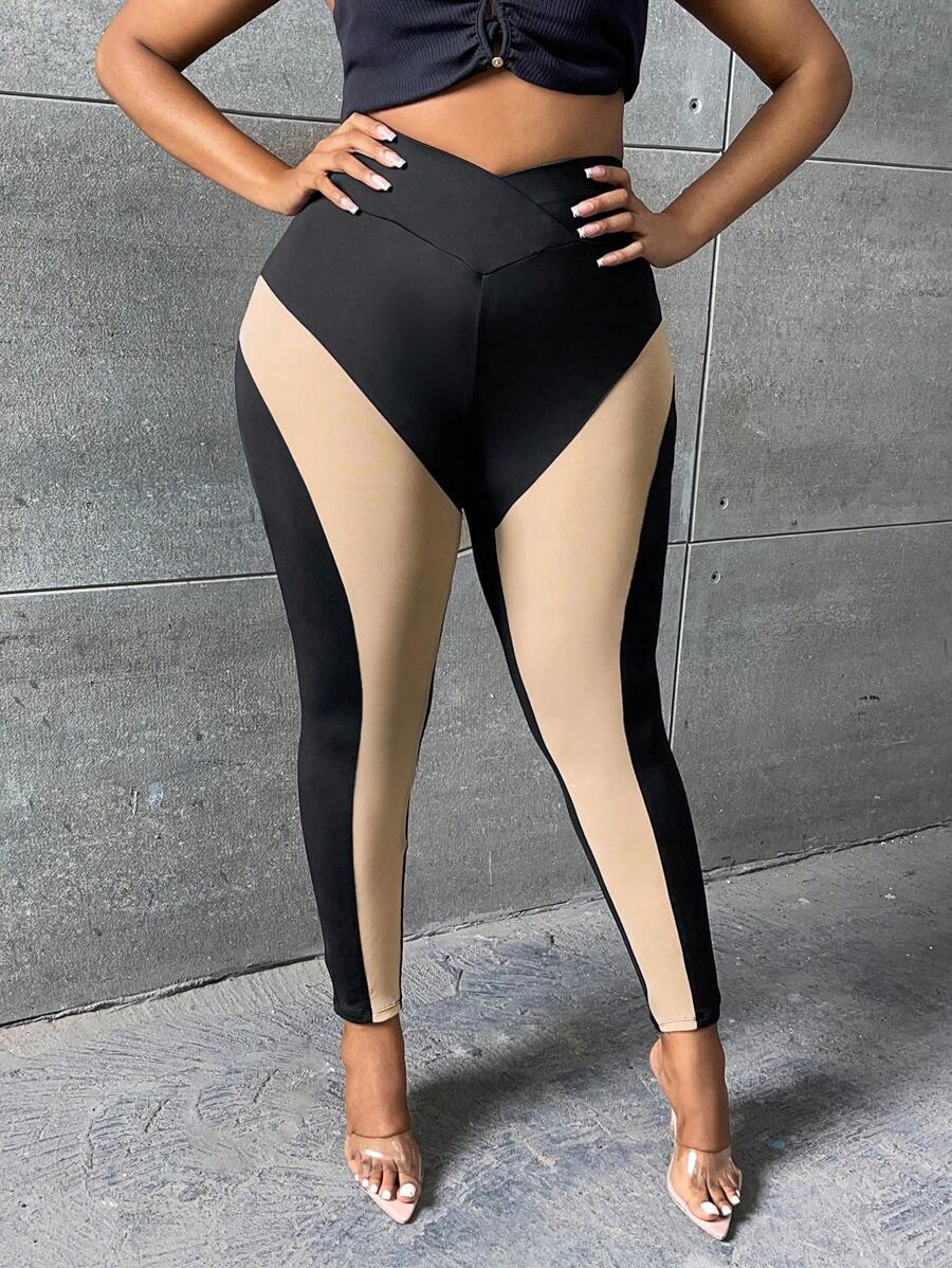 SHEIN SXY Plus Two Tone Asymmetrical Waistband Leggings - Multicolor - View 1