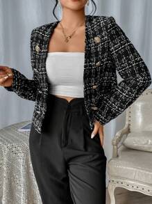 SHEIN Privé 1pc Plaid Pattern Double Breasted Tweed Overcoat - Black - View 4