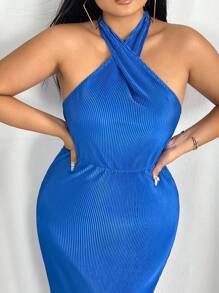 SHEIN SXY 性感露背 交叉 高衩純色加大連衣裙 - 藍色 - 查看 5