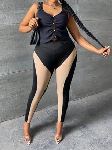 SHEIN SXY Plus Two Tone Asymmetrical Waistband Leggings - Multicolor - View 3